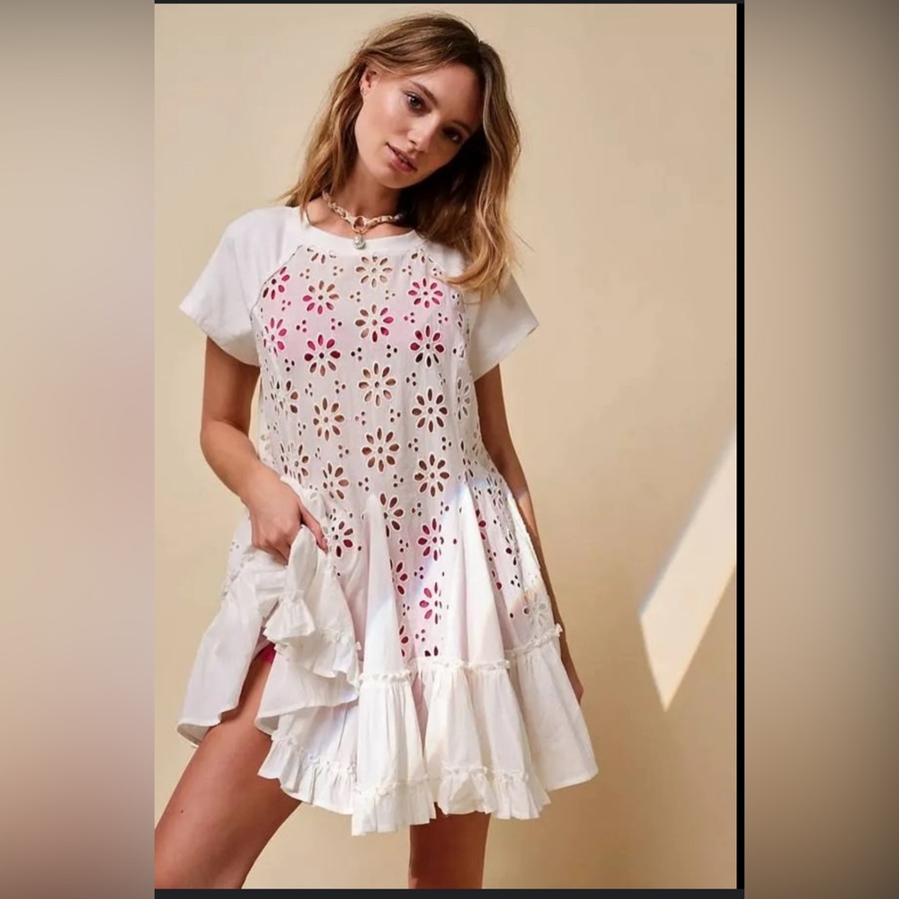 Free People White and Pink Mini Dress